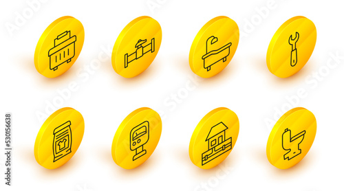 Set line Toilet bowl, Water supply pipes, Pressure water meter, Laundry detergent, Wrench spanner, Bathtub, Industry and valve and Toolbox icon. Vector