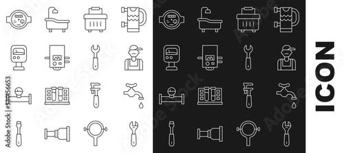 Set line Wrench spanner, Water tap, Plumber, Toolbox, Gas boiler, Pressure water meter, and icon. Vector