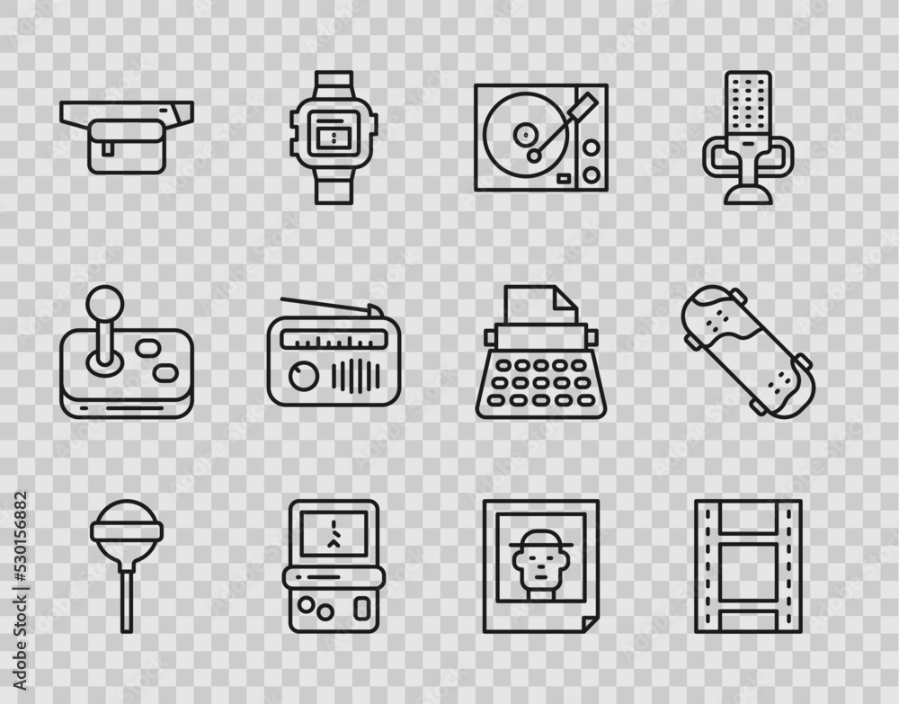 Set line Lollipop, Play Video, Vinyl player, Tetris, Waist bag of banana, Radio with antenna, Photo and Skateboard trick icon. Vector Set line Lollipop, Play Video, Vinyl player, Tetris, Waist bag of banana, Radio with antenna, Photo and Skateboard trick icon. Vector