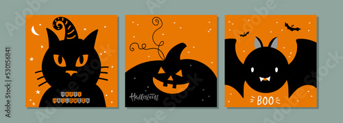 Halloween card set. Baby cards collection. Three cards with silhouette black cat, pumpkin lantern, bat animal on orange. Card set for happy Halloween party. Funny Happy Halloween vector Illustration.