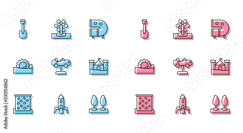 Set line Climbing wall, Rocket ship, Shovel toy, Forest, Swing car, Sand castle, Ferris wheel and icon. Vector