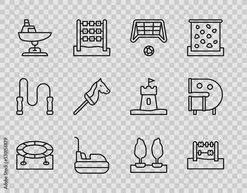 Set line Jumping trampoline, Abacus, Soccer goal with ball, Bumper car, Swing boat, Toy horse, Forest and Kid playground slide pipe icon. Vector