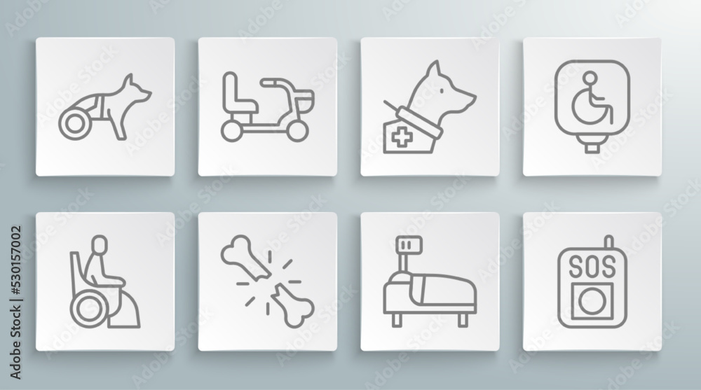 Set line Woman in wheelchair, Electric, Human broken bone, Hospital bed, Press the SOS button, Guide dog, Disabled and Dog icon. Vector Set line Woman in wheelchair, Electric, Human broken bone, Hospital bed, Press the SOS button, Guide dog, Disabled and Dog icon. Vector