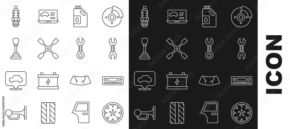 Set line Alloy wheel, Car Audio, Wrench spanner, Canister for motor oil, Wheel wrench, Gear shifter, spark plug and icon. Vector Set line Alloy wheel, Car Audio, Wrench spanner, Canister for motor oil, Wheel wrench, Gear shifter, spark plug and icon. Vector