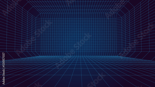 Perspective blue grid on a dark background. Futuristic vector illustration. Virtual reality framework. Background in the style of the 80s.