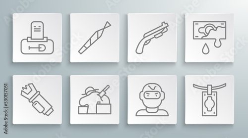 Set line Police electric shocker, Marijuana joint, Murder, Thief mask, Money laundering, shotgun, Bloody money and Grave with tombstone icon. Vector
