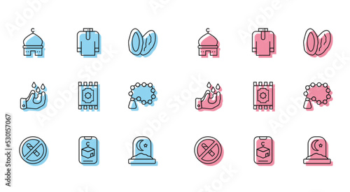 Set line No Smoking, Star and crescent, Muslim Mosque, cemetery, Traditional carpet, Rosary beads religion, Wudhu and Shirt kurta icon. Vector