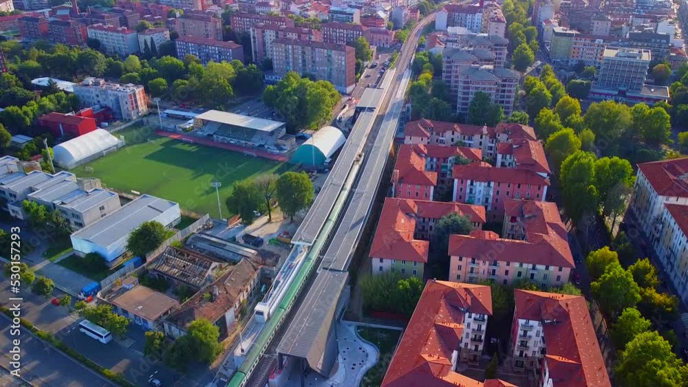 Aerial view of the station. Trains arrive at the station. An old wide