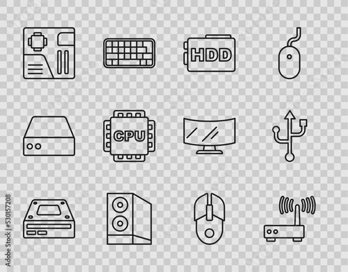 Set line Optical disc drive, Router and wi-fi signal, Hard disk HDD, Case of computer, Motherboard digital chip, Processor with CPU, Computer mouse and USB icon. Vector