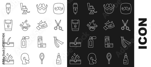 Set line Oil bottle, Straight razor, Scissors hairdresser, Mustache and beard, for care treatment, Electric blade, and Shaving foam on hand icon. Vector