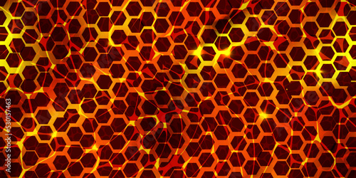 Seamless honeycomb pattern of magma surface top view. Volcanic lava with cracked ground texture. Hot Broken crust with liquid flame. Abstract vector background. Molten stones. Volcano eruption