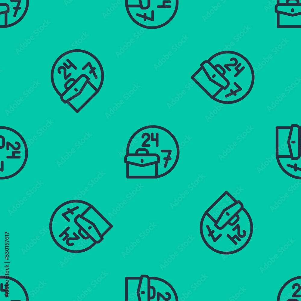 Blue line Always busy icon isolated seamless pattern on green background. Vector