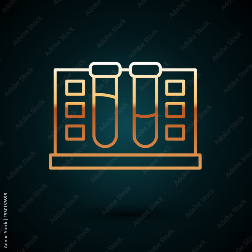 Gold line Test tube with water drop icon isolated on dark blue background. Vector Gold line Test tube with water drop icon isolated on dark blue background. Vector