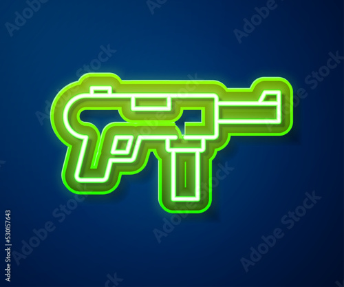 Glowing neon line Submachine gun M3  Grease gun icon isolated on blue background. Vector