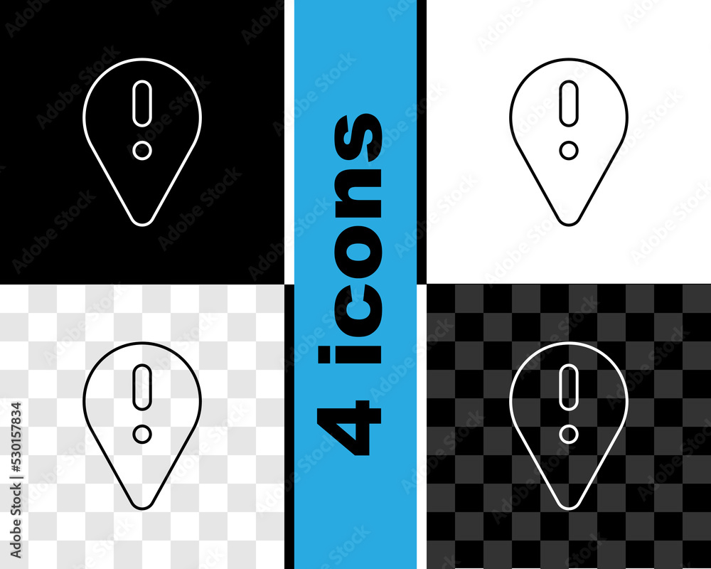 Set line Map pointer with exclamation mark icon isolated on black and ...