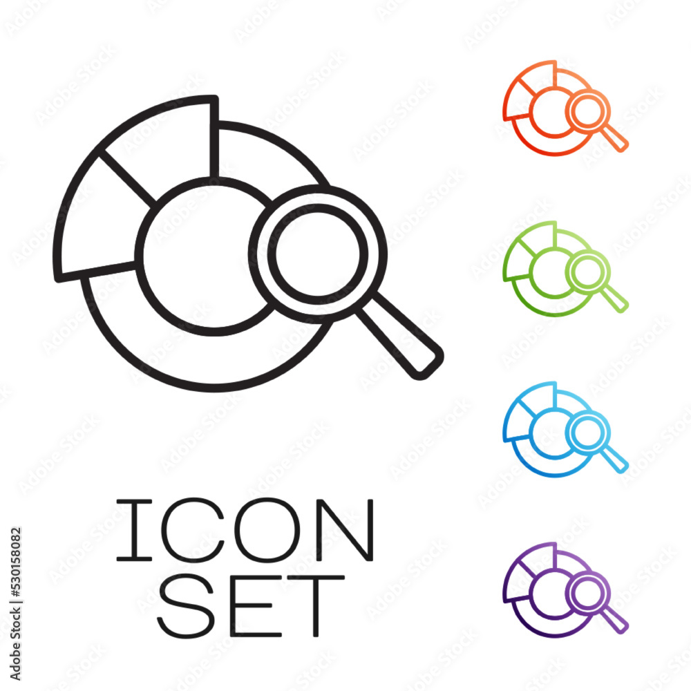 Black line Magnifying glass and data analysis icon isolated on white background. Search sign. Set icons colorful. Vector