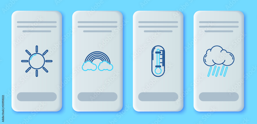 Set line Rainbow with clouds, Thermometer, Sun and Cloud rain icon. Vector