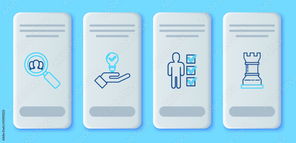 Set line Light bulb in hand, User of man business suit, Magnifying glass for search people and Business strategy icon. Vector