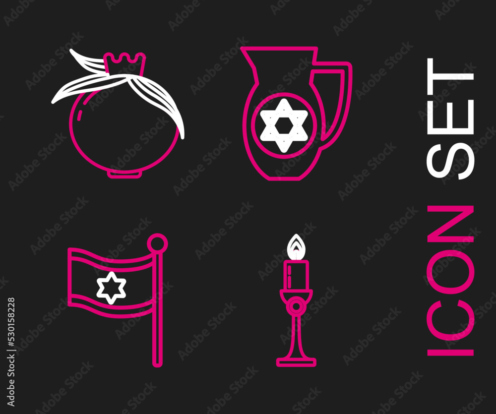 Set line Burning candle in candlestick, Flag of Israel, Decanter with star david and Pomegranate icon. Vector Set line Burning candle in candlestick, Flag of Israel, Decanter with star david and Pomegranate icon. Vector