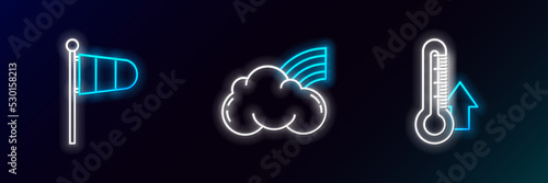 Set line Thermometer, Cone meteorology windsock wind vane and Rainbow with clouds icon. Glowing neon. Vector