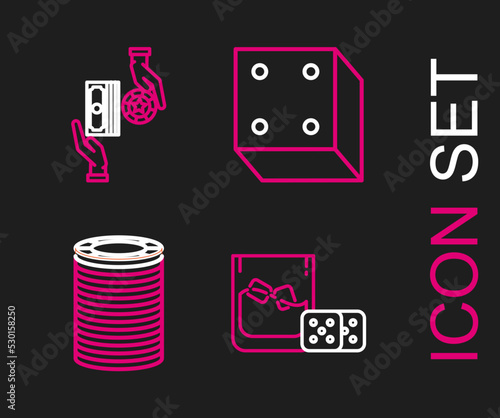 Set line Game dice and glass of whiskey with ice cubes, Casino chips, and exchange on stacks dollars icon. Vector
