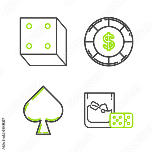 Set line Game dice and glass of whiskey with ice cubes, Playing card spades symbol, Casino chip dollar and icon. Vector