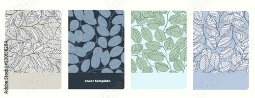 Set of cover page templates with elm tree branches and leaves. Based on seamless patterns. Headers isolated and replaceable. Perfect for school notebooks, diaries