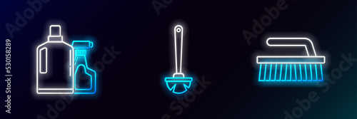 Set line Brush for cleaning, Plastic bottles liquid dishwashing liquid and Toilet brush icon. Glowing neon. Vector