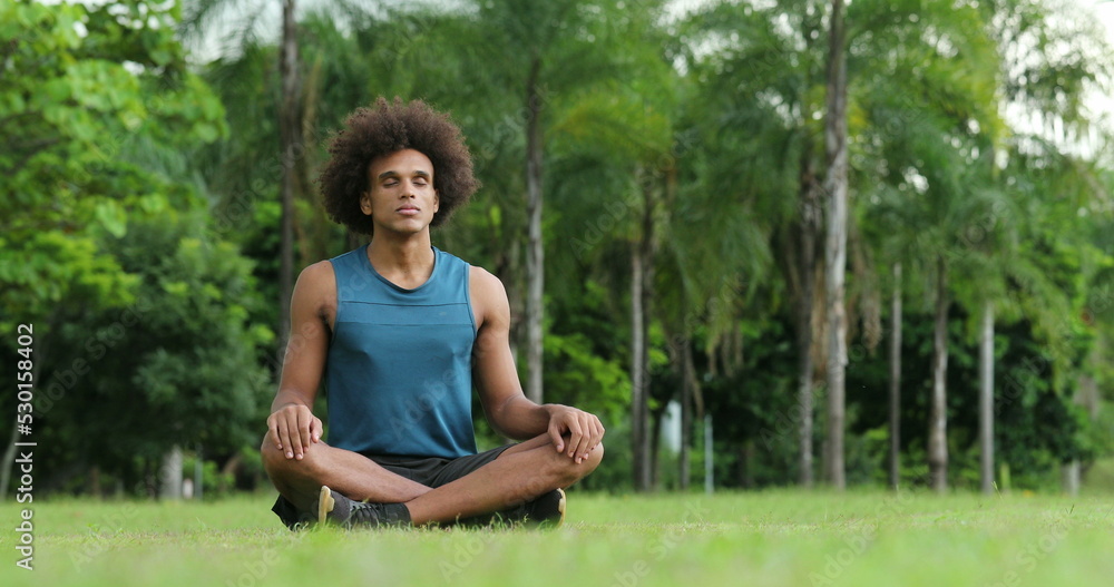 Young african black man seated on grass in meditation and contemplation Young african black man seated on grass in meditation and contemplation