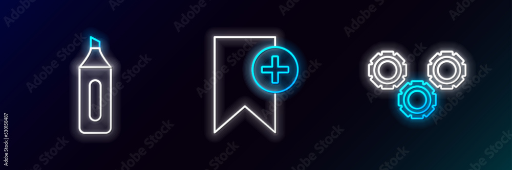 Set line Gear, Marker pen and Bookmark icon. Glowing neon. Vector Set line Gear, Marker pen and Bookmark icon. Glowing neon. Vector
