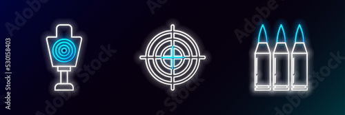 Set line Bullet, Human target sport for shooting and Target competition icon. Glowing neon. Vector