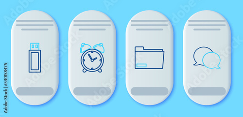 Set line Alarm clock, Document folder, USB flash drive and Speech bubble chat icon. Vector