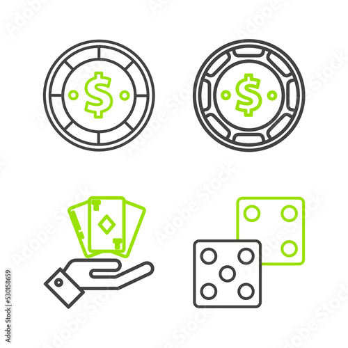 Set line Game dice, Hand holding deck of playing cards, Casino chip with dollar and icon. Vector