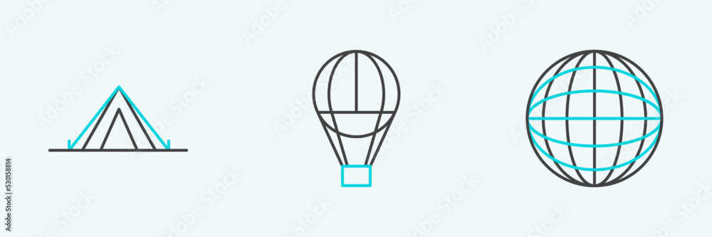 Set line Earth globe, Tourist tent and Hot air balloon icon. Vector Set line Earth globe, Tourist tent and Hot air balloon icon. Vector