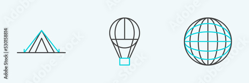 Set line Earth globe, Tourist tent and Hot air balloon icon. Vector