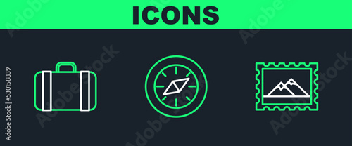 Set line Postal stamp and Mountains, Suitcase for travel and Compass icon. Vector