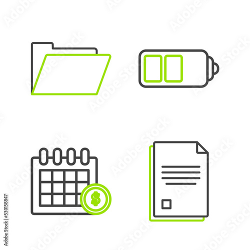 Set line File document, Financial calendar, Battery charge level indicator and Document folder icon. Vector