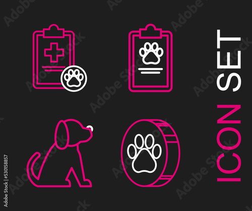Set line Paw print, Dog, Clipboard with medical clinical record pet and icon. Vector