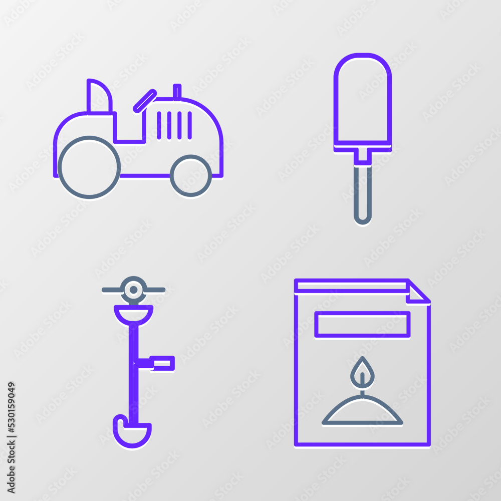 Set line A pack full of seeds of a specific plant, Grass and weed electric string trimmer, Garden trowel spade or shovel and Tractor icon. Vector Set line A pack full of seeds of a specific plant, Grass and weed electric string trimmer, Garden trowel spade or shovel and Tractor icon. Vector