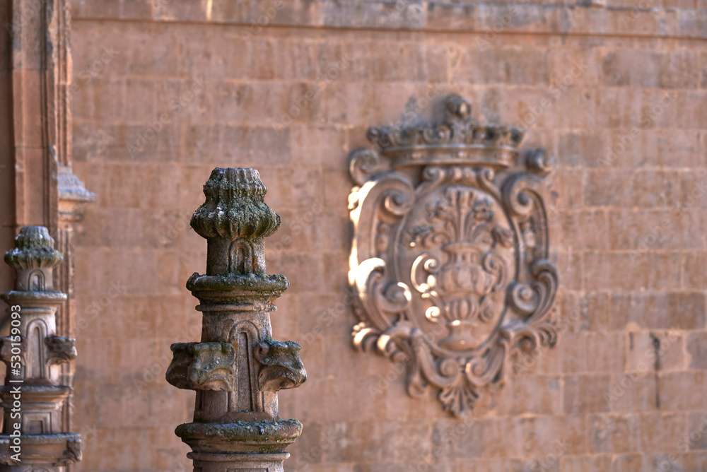 Salamanca, Spain - June, 28, 2022, coat of arms on the tower of the New Cathedral of Salamanca.