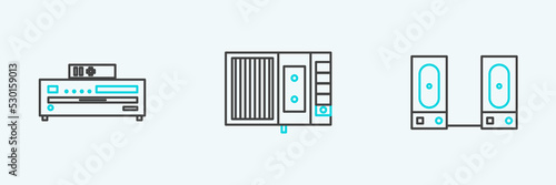Set line Stereo speaker, Music CD player and tape icon. Vector