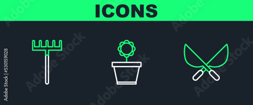 Set line Gardening handmade scissors, rake and Flower pot icon. Vector
