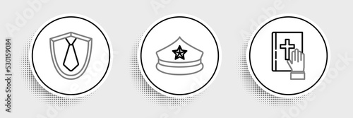 Set line Oath on the Holy Bible, Tie and Police cap with cockade icon. Vector