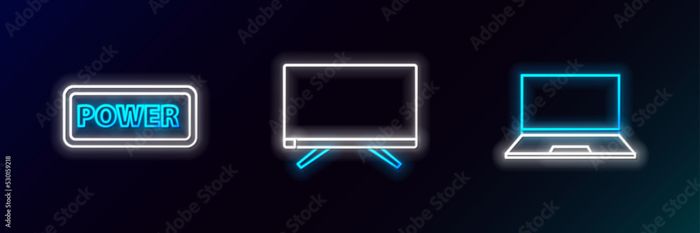 Set line Laptop, Power button and Smart Tv icon. Glowing neon. Vector