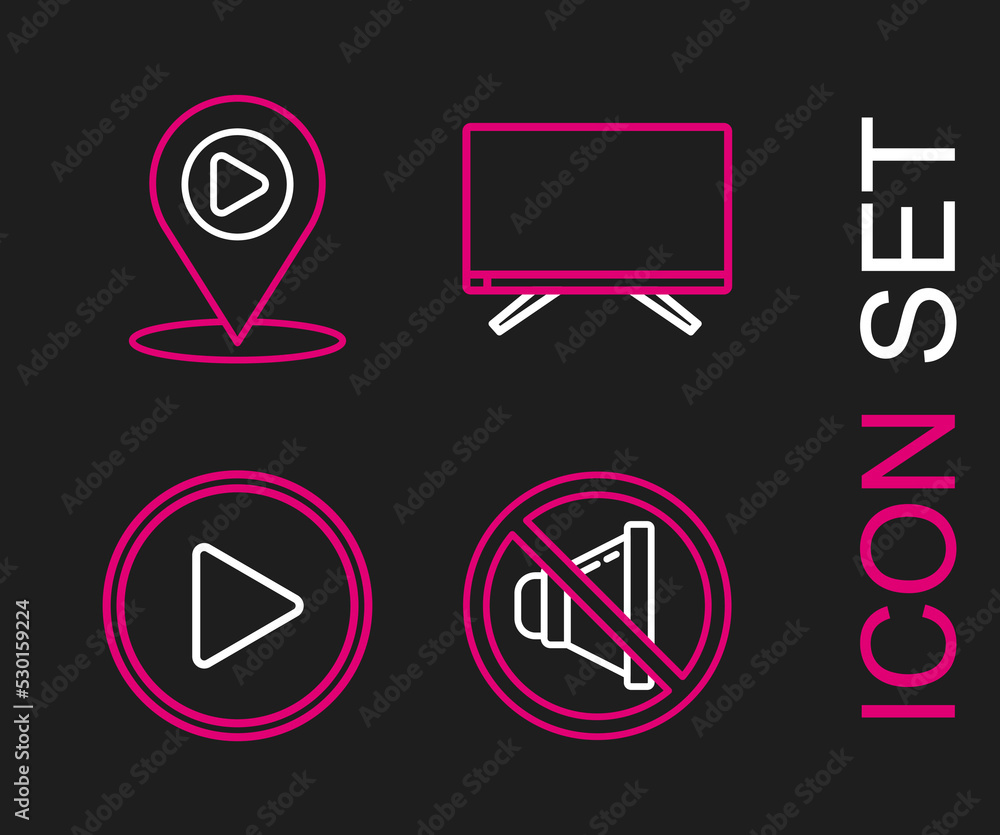 Set line Speaker mute, Play in circle, Smart Tv and Digital media play with location icon. Vector Set line Speaker mute, Play in circle, Smart Tv and Digital media play with location icon. Vector