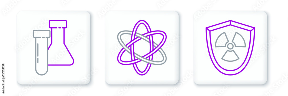 Set line Radioactive in shield, Test tube and flask chemical and Atom icon. Vector Set line Radioactive in shield, Test tube and flask chemical and Atom icon. Vector