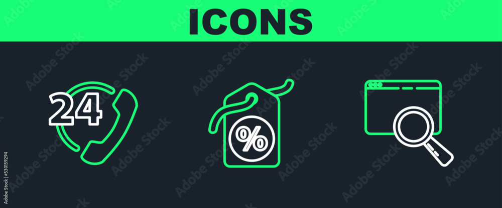 Set line Search in a browser window, Telephone 24 hours support and Discount percent tag icon. Vector Set line Search in a browser window, Telephone 24 hours support and Discount percent tag icon. Vector