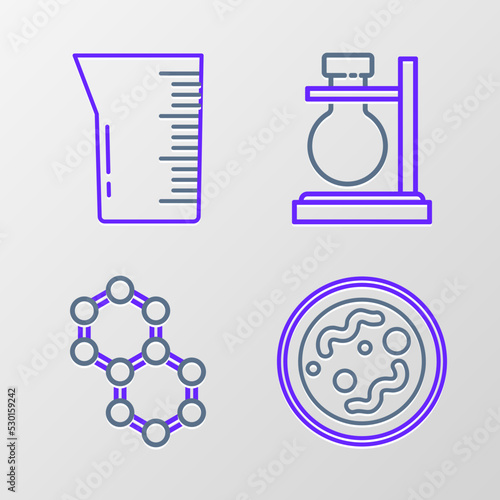 Set line Bacteria, Molecule, Test tube flask on stand and Laboratory glassware or beaker icon. Vector