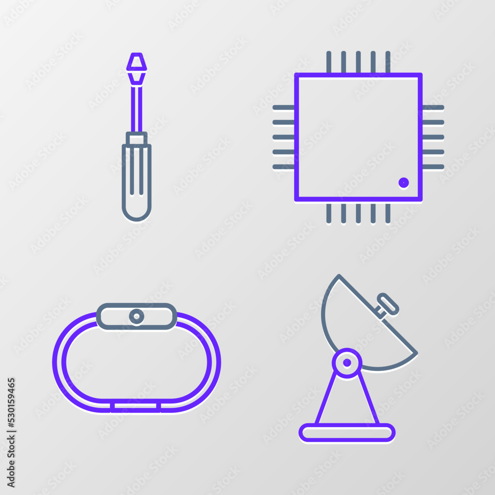 Set line Radar, Smartwatch, Processor with microcircuits CPU and Screwdriver icon. Vector Set line Radar, Smartwatch, Processor with microcircuits CPU and Screwdriver icon. Vector