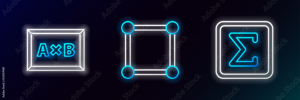 Set line Sigma symbol, Chalkboard and Geometric figure Square icon. Glowing neon. Vector Set line Sigma symbol, Chalkboard and Geometric figure Square icon. Glowing neon. Vector